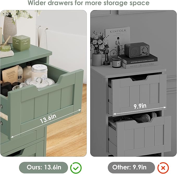 FOTOSOK Bathroom Cabinet, Bathroom Storage Cabinet with 5 Drawers, Wooden Storage Cabinets with Cut-Out Handles, 11.8” x 15.7” x 40.1” Bathrooms Floor Cabinets for Hallway/Living Room, Green