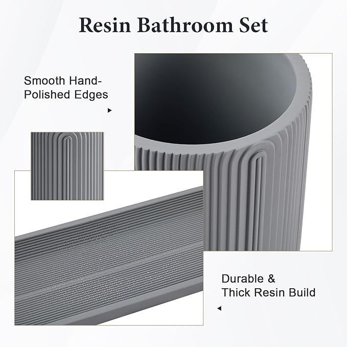 Bathroom Accessories Set - 7-Piece Resin Bathroom Set, Toothbrush Holders Set, Soap Dispenser, Qtip Holder Dispenser, Tumbler, Soap Dish & Tray, Modern Bath Decor for Home Dorm Hotel (Grey)