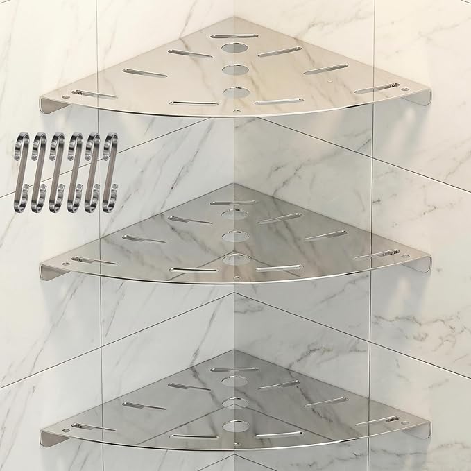3 Pack Corner Shower Shelves, 304 Stainless Steel Corner Shelf Bathroom with 6 Hooks 40 lbs Heavy Duty, Durable for Inside Shower Brushed Nickel Drilling Installation（Silver