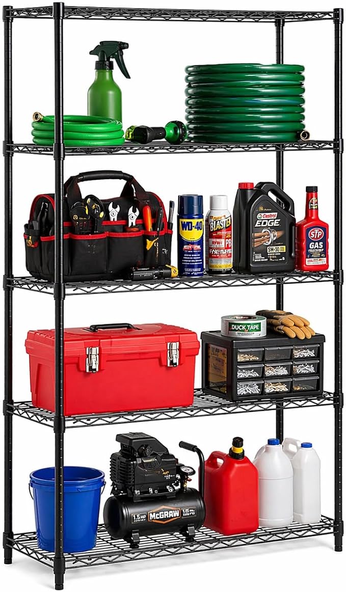 Honey-Can-Do 5-Tier Heavy-Duty Adjustable Shelves, Metal Storage Rack with 200-lb Shelf Capacity, Black, 14" W x 36" L x 72" H