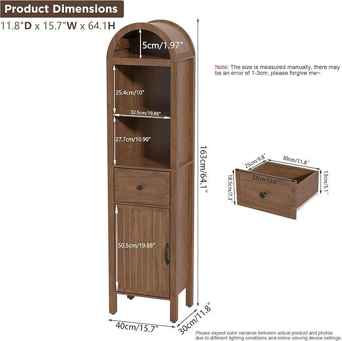 Lxsxlome 64" Tall Bathroom Storage Cabinet with Adjustable Shelves,Tall Narrow Arched Freestanding Tower Cabinet with Fluted Doors and Drawers,Space Saving Organizer for Bathroom Living Room (Walnut)