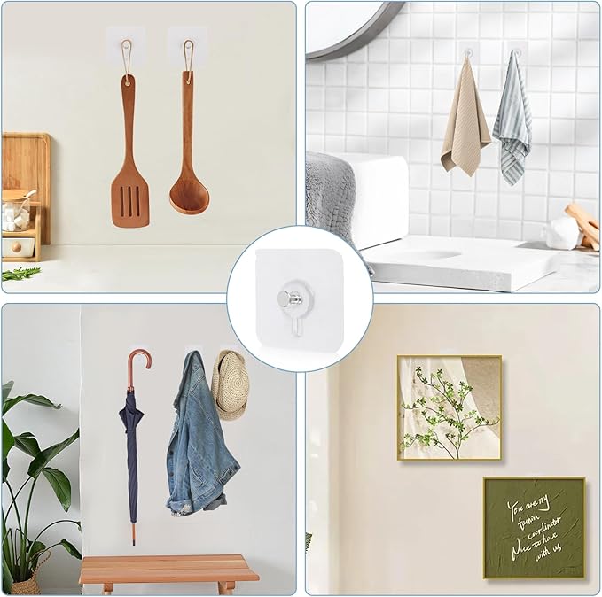 30 Pcs Self Adhesive Wall Hooks No Drill Hooks for Hanging, No-Trace Sticker Frame Hangers Without Nails for Mount Wall Shelf, Bathroom, Heavy Duty Adhesive Wall Hooks for Kitchen (30, m)