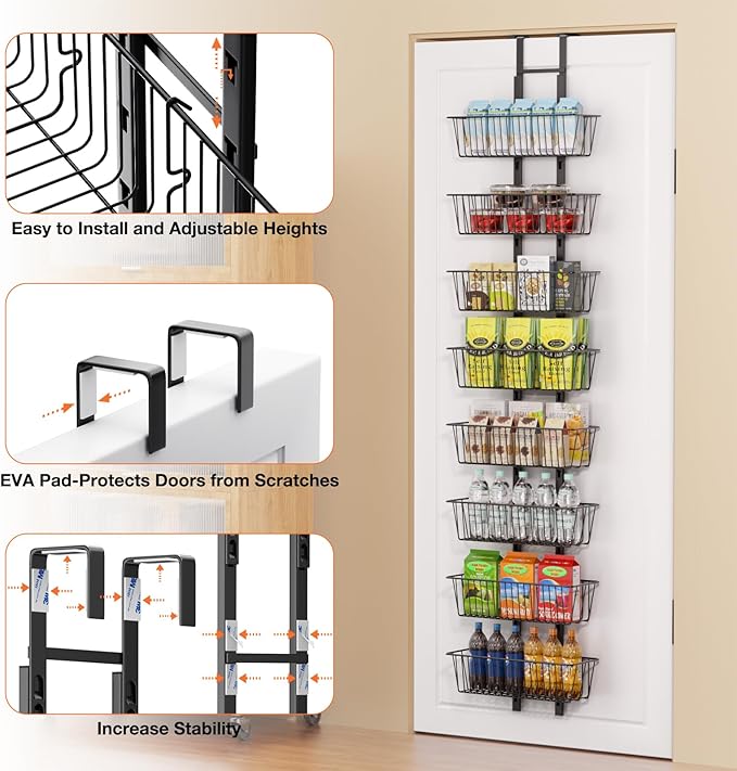 8 Tier Over the Door Pantry Organizer, Over the Door Spice Rack with Adjustable Baskets, Metal Hanging Door Pantry Organizers and Storage for Kitchen Bathroom Bedroom, Black