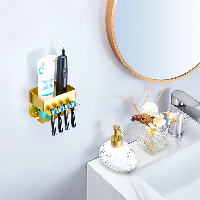 Toothbrush Head Holders, Electric Tooth Brush Head Holder, Adhesive Toothpaste Holder for Shower Bathrooms, Wall Mounted Tooth Brushing Holder Organizer Storage (Gold, Small)