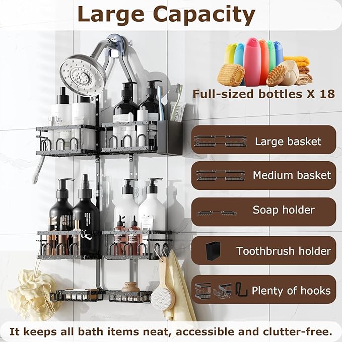 Adjustable Shower Caddy Hanging Rustproof Shower Caddy Shower Organizer for Over Handheld or Fixed Shower Heads with Hooks Soap Holder Toothbrush Holder