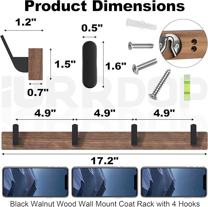 17 Inch Walnut Wood Wall Mounted Coat Rack with 4 Black Hooks, Adhesive Mounted Entryway Hooks, Modern Natural Wooden Pegs for Hanging Coat Clothes Hat Bag Purse Key and Towel