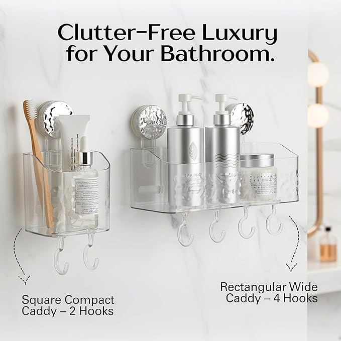 HOME&I Suction Cup Toothbrush Holder and Shower Caddy – Drill-Free, Removable, Powerful Suction Cup, Self-Draining Design for Bathroom & Kitchen – Holds Toothpaste, Razors, and Tableware