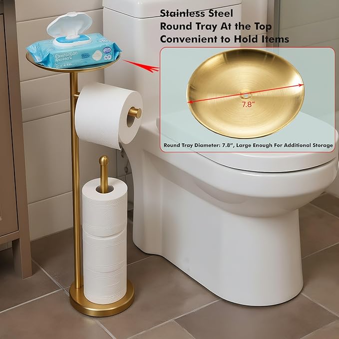 Freestanding Toilet Paper Holder with Shelf, Gold Toilet Paper Stand with Storage Tray and Space for 4 Extra Rolls