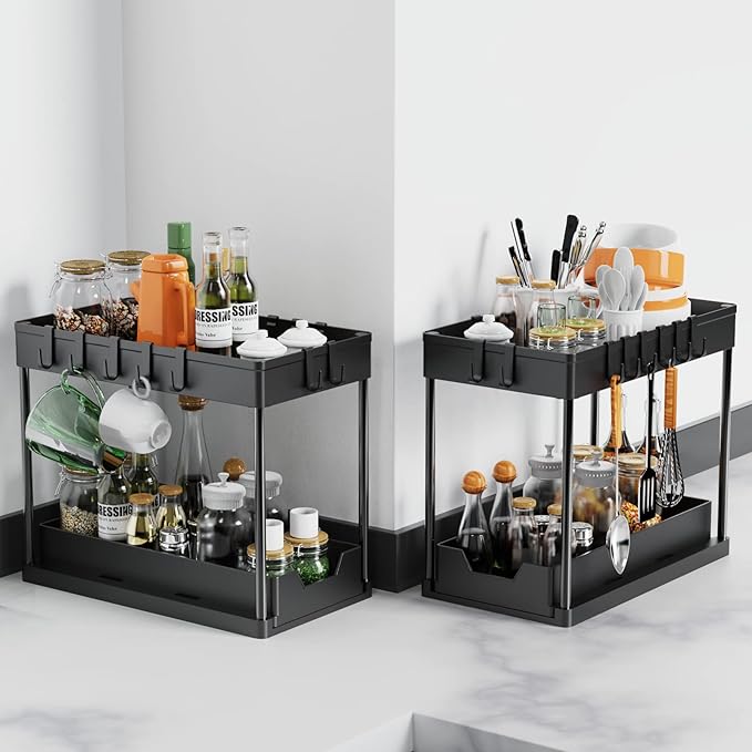 2 Pack Under Sink Organizers and Storage, 2-Tier Sliding Cabinet Basket Organizer with Hooks, Multi-Purpose Under Sink Organizers and Storage for Bathroom Kitchen