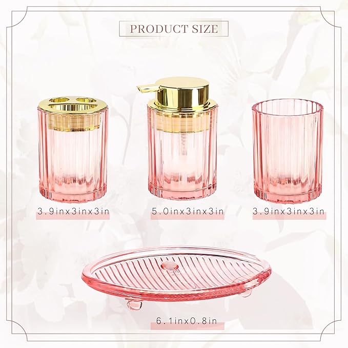 CERBIOR Bathroom Accessories Set, 4 Pcs Glass Accessories Sets Includes Soap Dispenser, Toothbrush Holder, Toothbrush Cup, Soap Dish for Decorative Countertop and Housewarming Gift,Golden Pink