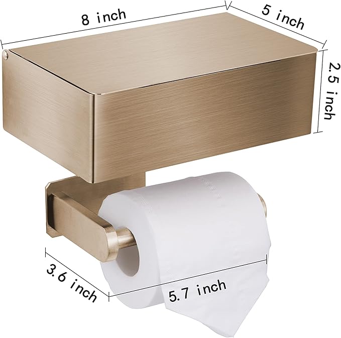 Adhesive Toilet Paper Holder with Shelf and Storage, Wall Mount Toilet Paper Roll Holder & Flushable Wipes Dispenser Set Fits Any Bathroom, Stainless Steel Tissue Holder-Round, Gold