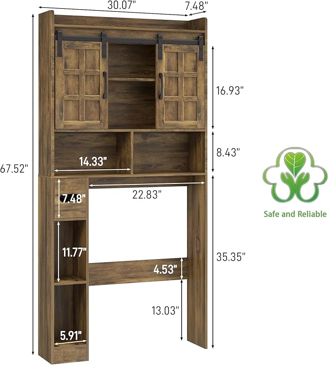 Halitaa Over The Toilet Storage Cabinet, Farmhouse Storage Cabinet Over Toilet with Sliding Doors，Home Space-Saving Toilet Rack, for Bathroom, Restroom, Laundry(Brown