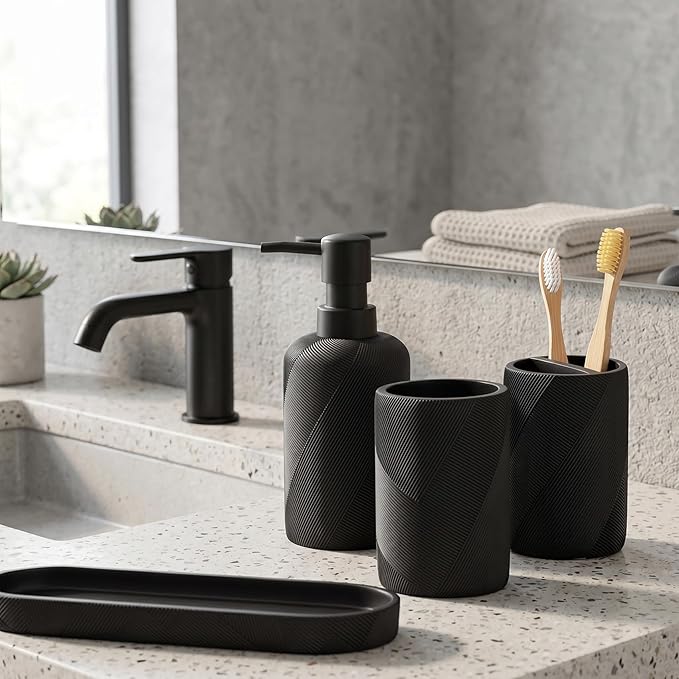 Bathroom Accessories Set, Bathroom Organizer Countertop, Soap Dispenser and Toothbrush Holder, Mouthwash Cup, Tray Set, Vanity Tray for Bathroom, 4 Pieces Modern Decor (Matte Black)
