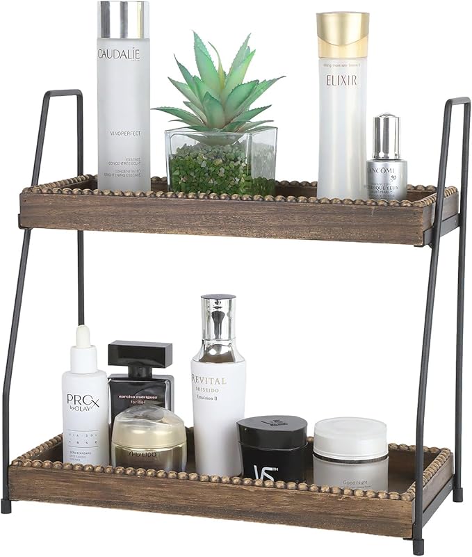 Gurfuy Bathroom Vanity Organizer 2-Tier Wood Countertop Storage Counter Shelf for Makeup Skincare Perfume Jewelry Tray Spice Rack Brown