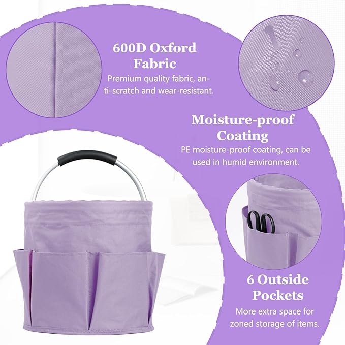 17L Purple Shower Caddy for Women, Foldable Cleaning Caddy with Handle and 6 Pockets, 600D Oxford Fabric Garden Tool Bag, Multifunctional Storage Basket for College, Dorm, Family, Purple