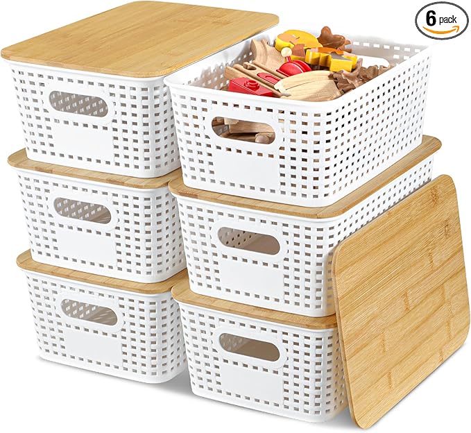 EOENVIVS Plastic Storage Baskets with Bamboo Lids for Pantry Organization and Storage Containers Bins for Shelves Drawers Desktop Closet Playroom Classroom Office Home, 6 Pack,White