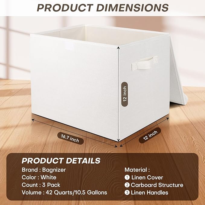 Bagnizer Large 17" 42 Quarts Collapsible Stackable Storage Bins with Lids [3-Pack] Foldable Fabric Linen Storage Boxes Cube, Closet Organizer Baskets with Label (16.7 x 12 x 12, White)