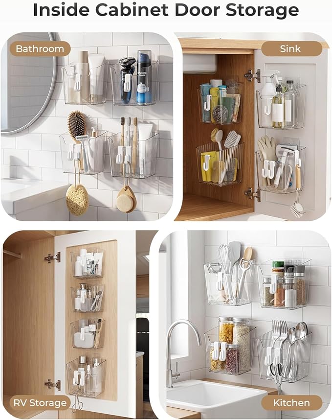 Wall Mount Organizer, 6 Hooks and 4 Pack Cabinet Door Storage Bins, Space-Saving Adhesive Bathroom Wall Organizer, Wall Storage for Office, Cabinet, Pantry, Kitchen, Makeup