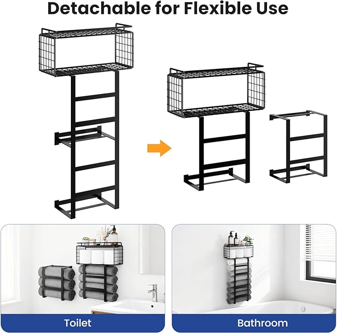 Towel Racks for Bathroom, 32inch Metal Wall Mounted Towel Holder with Storage Basket & Floating Shelf, Towel Storage for Bathroom, Laundry, RV