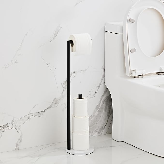 Marble Toilet Paper Holder Stand -Matte Black, Freestanding with Storage, Floor Stand, Toilet Roll Holder, Standing Paper Towel Holder