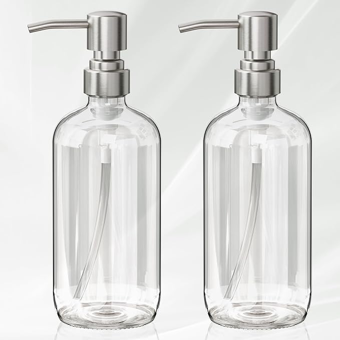 AmazerBath Soap Dispenser, 2 Pack Glass Soap Dispenser with Pump Stainless Steel, 17 Oz Hand Soap Bottles Bathroom Kitchen, Clear