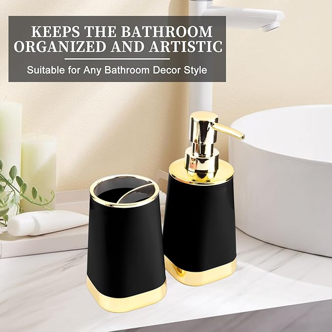 Bathroom Accessories Set, 2Piece Black and Gold Bathroom Accessories Include Soap Dispenser and Toothbrush Holder for Modern Bathroom Decor