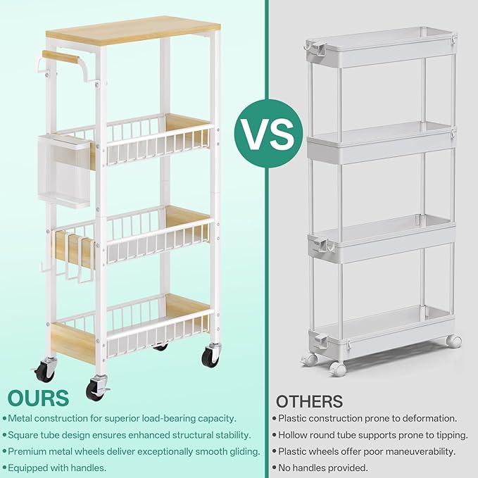DTUQYX Slim Bathroom Storage Cart, 4 Tier Small Rolling Organizer Cabinet with Wood Top Handle, Mobile Shelving Unit Slide Out for Office, Kitchen, Laundry Room & Narrow Places (9.1" Overall Width)