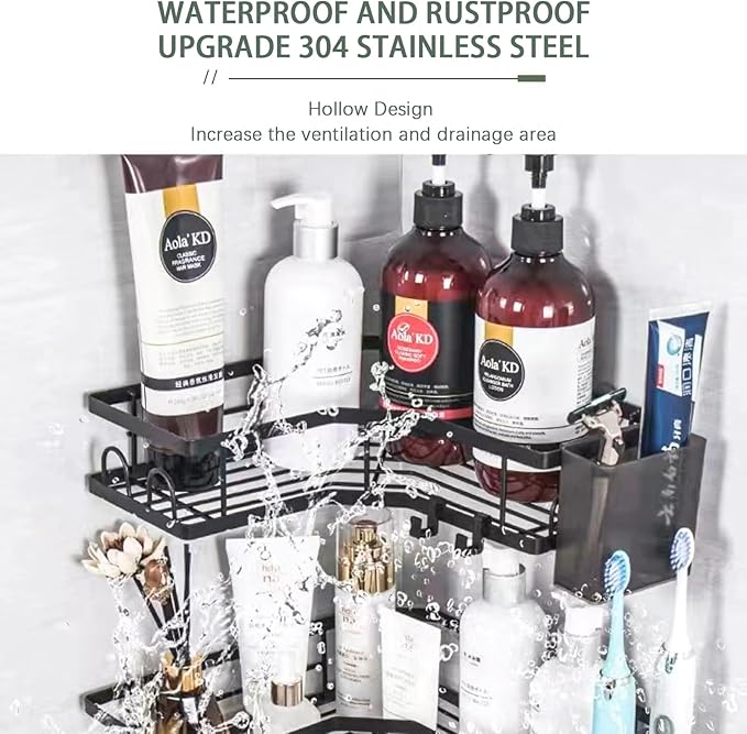 Rustproof Corner Shower Caddy 3 Pack,Stainless Steel Bathroom Storage Accessories,Durable No Drilling Shower Organiser,Adhesive Bathroom Shelves with Soap Holder Set,Black