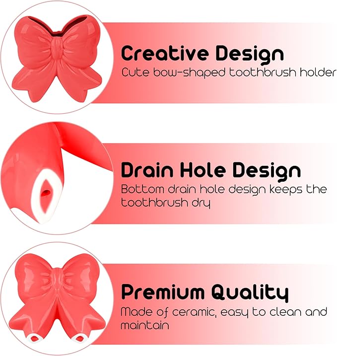 Cute Toothbrush Holder, Ceramic Bow Toothbrush Holder, with Drain Hole Bathroom Countertop Accessories, for Bathroom Canister Storage Organization, Vanity Makeup Organizer (Red)