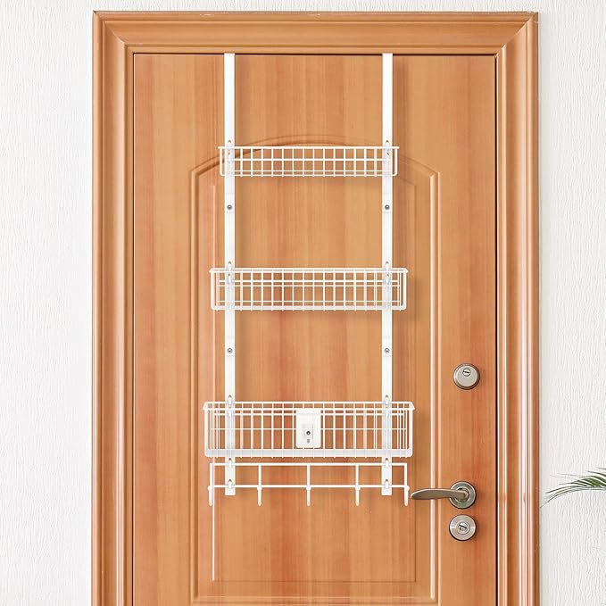 OYEAL Over The Door Basket Organizer 3 Tier Hanging Kitchen Storage Rack Heavy Duty Pantry Organizer with 3 Basket and 5 Hooks Door Back Metal Wire Basket for Kitchen, Bathroom, Office, White