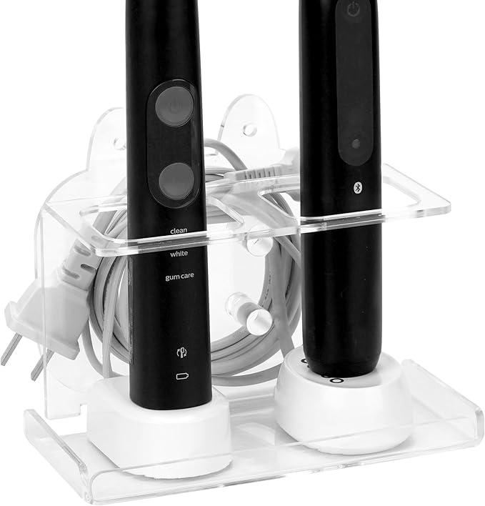 Electric Toothbrush Holder Wall Mounted, Electric Toothbrush Cord Organizer Holds 2 Chargers, Self Adhesive Electric Toothbrush Stand for Bathroom, Medicine Cabinet, Dorm(Clear)