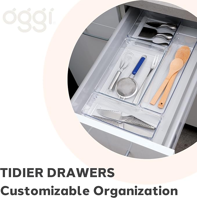 Oggi Clear Drawer Organizer - 3" X 6.25"- Ideal for Organizing Kitchen Drawers, Office, Desk, Silverware, Kitchen Utensils, Cosmetics and Bathrooms