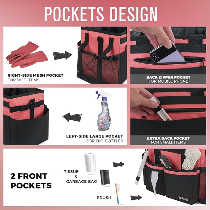 SCAVATA Compact Wearable Cleaning Caddy, Small Cleaning Caddy Supplies Organizer with Handle & Shoulder Straps for Housekeepers, Under Sink & Car Cleaning Tool Organizers Bag (CaralPink)