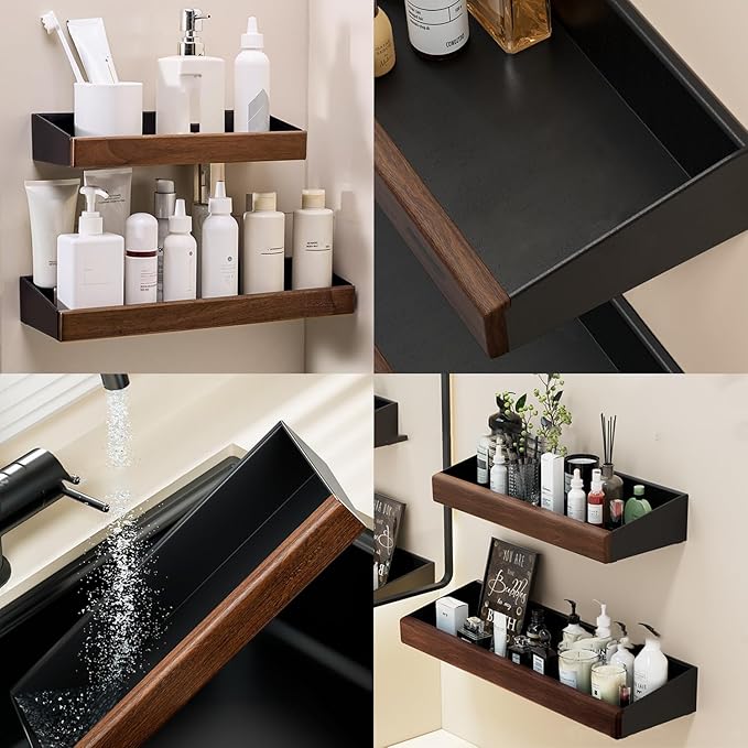 12 Inch Black Wall Shelves for Wall, Adhesive Floating Shelves with 1 Inch Height Wooden Decor Panel, Plastic Adhesive Shelves Shower Organizer for Living Room, Bedroom, Office and Kitchen