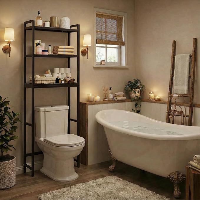 Gizoon Over The Toilet Storage, 3 Tier Bamboo Bathroom Organizer with Adjustable Shelf, Freestanding Above Toilet Stand, Bathroom Storage Shelf Rack