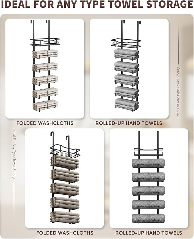 Aetyord Hanging Towel Racks for Bathroom No Drill - 6-Tier Over The Door Bath Towel Storage Organizer for Small Bathrooms - Tiered Back of Door Towel Holder Hanger for Rolled Towels RV Camper Black