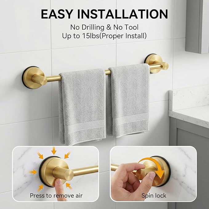 Stainless Steel Suction Cup Towel Bar, Adjustable Towel Racks for Bathroom (14.6-24 Inch) - Bathroom Towel Holder Wall Mounted for Glass Shower Door & Wall (Brushed Gold)