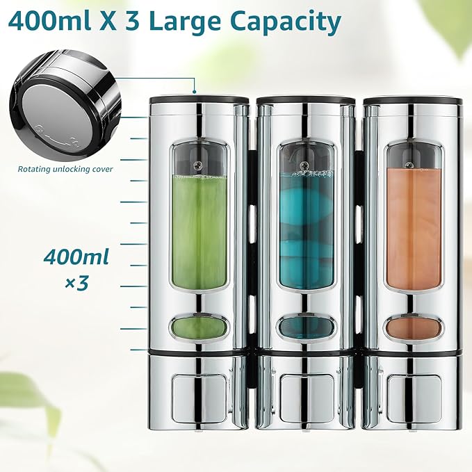 Shampoo and Conditioner Dispenser,Shower Shampoo Dispenser 3 Chamber No Drilled Shampoo Dispenser for Shower Wall Mounted Shower Dispenser Body Wash Dispenser for Bathroom Kitchen Hotel,Chrome