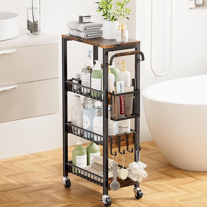 DTUQYX Slim Bathroom Storage Cart, 4 Tier Small Rolling Organizer Cabinet with Wood Top Handle, Mobile Shelving Unit Slide Out for Office, Kitchen, Laundry Room & Narrow Places (9.1" Overall Width)