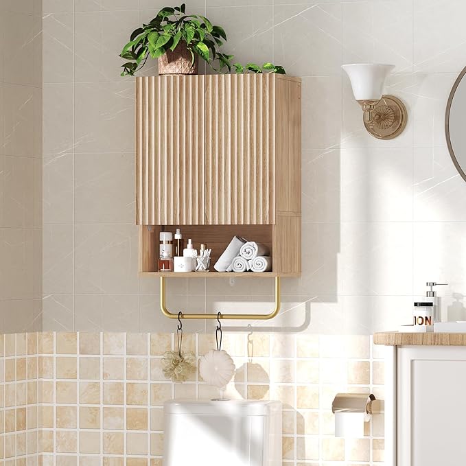MAHANCRIS Bathroom Wall Cabinet, Wall Mounted Medicine Cabinets with Towel Bar & Adjustable Shelf, Over The Toilet Space Saver Storage Cabinet with 2 Doors, for Bathroom Laundry Room Kitchen, Natural