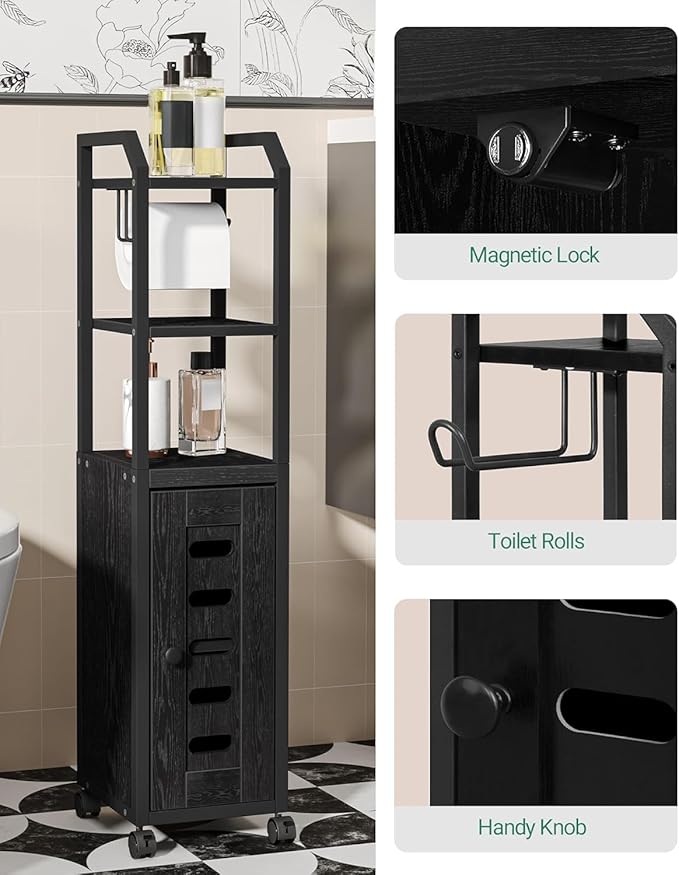 Hzuaneri Bathroom Storage Cabinet - Toilet Paper Storage Cabinet, Small Toilet Paper Holder with 4 Wheels, Bathroom Organizer with Adjustable Shelf, for Small Spaces, Black BC04604X