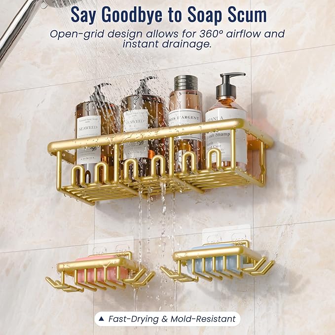 8 Pack Adhesive Rustproof Shower Shelves with Soap Dishes, Toothbrush Holder & Hooks, Large Capacity No-Drilling Shower Shelves Rack for Bathroom Organizers and Storage Accessories, Gold