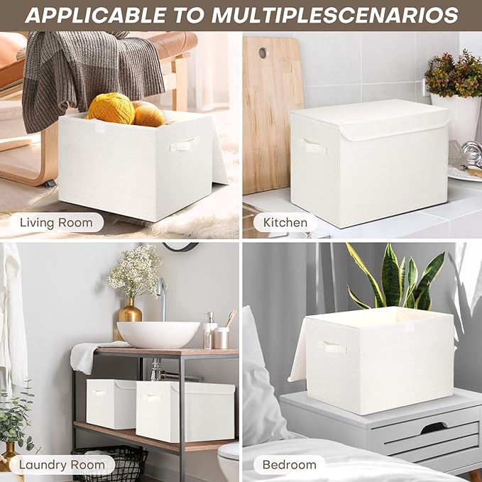 Bagnizer Large 17" 42 Quarts Collapsible Stackable Storage Bins with Lids [3-Pack] Foldable Fabric Linen Storage Boxes Cube, Closet Organizer Baskets with Label (16.7 x 12 x 12, White)