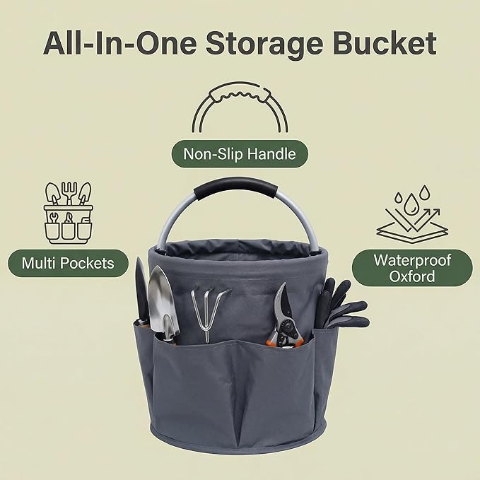 Cleaning Bucket, Cleaning caddy with Handle,17L Foldable Storage Basket 600D Oxford Fabric, 6 Pockets Portable Multi-Use Organiser for Home, Garden, Camping,Grey