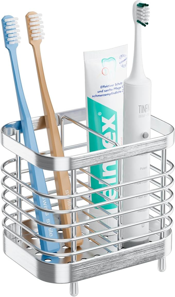 Countertop Toothbrush Holder for Bathroom, Stainless Steel Electric Tooth Brush Stand Storage Organizer with Drainage, Kids Toothpaste Holder Caddy, Silver Bathroom Sink Accessories Decor