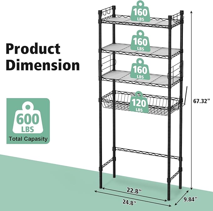 PrimeZone Over The Toilet Storage Rack - 4 Tier Adjustable Bathroom Shelf Organizer, Metal Space Saver Over Toilet with 2 Hooks, Freestanding Above Toilet Storage Shelves for Bathroom Laundry, Black