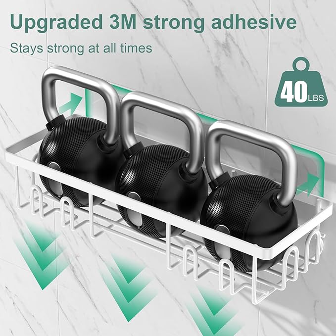 Getsrichfc Shower Caddy Adhesive, Rustproof Shower Shelves for Inside Shower, Large Capacity Bathroom Organizers and Storage, Shower Storage with Removable Hooks, No Drill Bathroom Accessories White