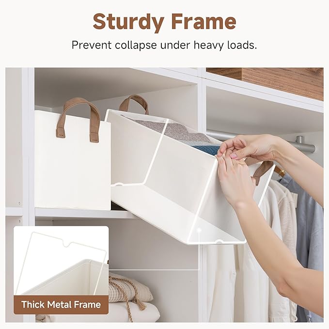 StorageWorks Storage Bins, Fabric Storage Bins for Shelves, Storage Baskets with Metal Frame, Closet Baskets and Bins with Handles, Beige, 2-Pack