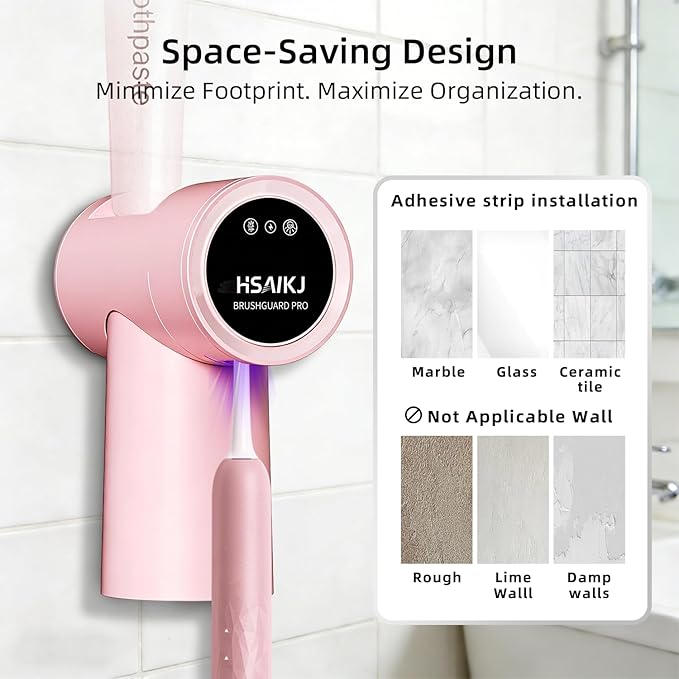 Wall Mounted Toothbrush Holder for Bathroom, 3-in-1 Electric Toothbrush Organizer for Personal Use, Smart Sensor Lid, Fast Drying, Aesthetic Bathroom Organizer with Magnetic Cup (Pink)