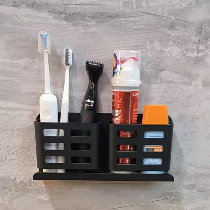 Aluminum Toothbrush Holder Self-Adhesive Wall Mount Bathroom Organizer for Toothbrush, Razor, Comb & Toothpaste (Black)